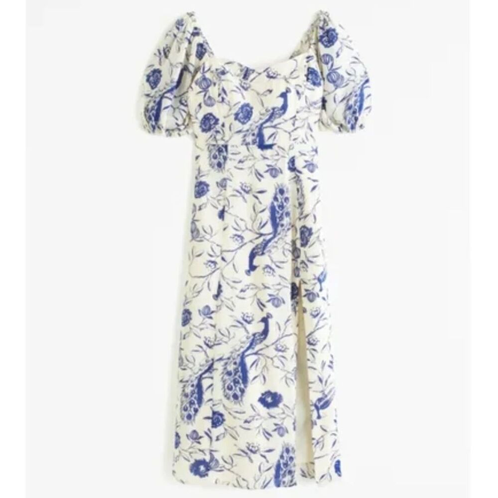 Abercrombie and Fitch Camille Puff Sleeve Midi Dress Blue and White Floral NWOT